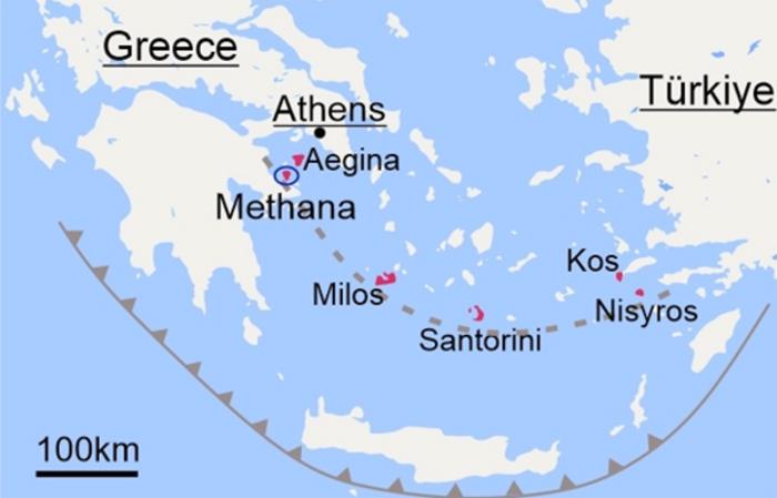 Map shows the South Aegean Volcanic Arc and the locations of the main volcanic areas (Popa et al./Science Advances (2026))