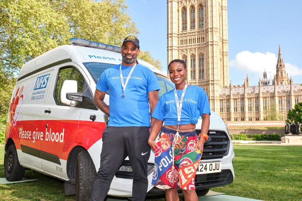 Campaigners Trojan Gordon and Adesayo Talabi launch the Blood, Sweat and Cheers campaign to recruit blood donors (Michael Leckie/PA Media Assignments) (PA Wire)