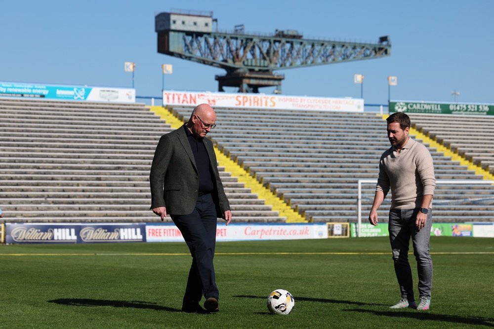 John Swinney and Martin Compston had a kickabout during their visit to Greenock Morton’s ground (Robert Perry/PA) (PA Wire)
