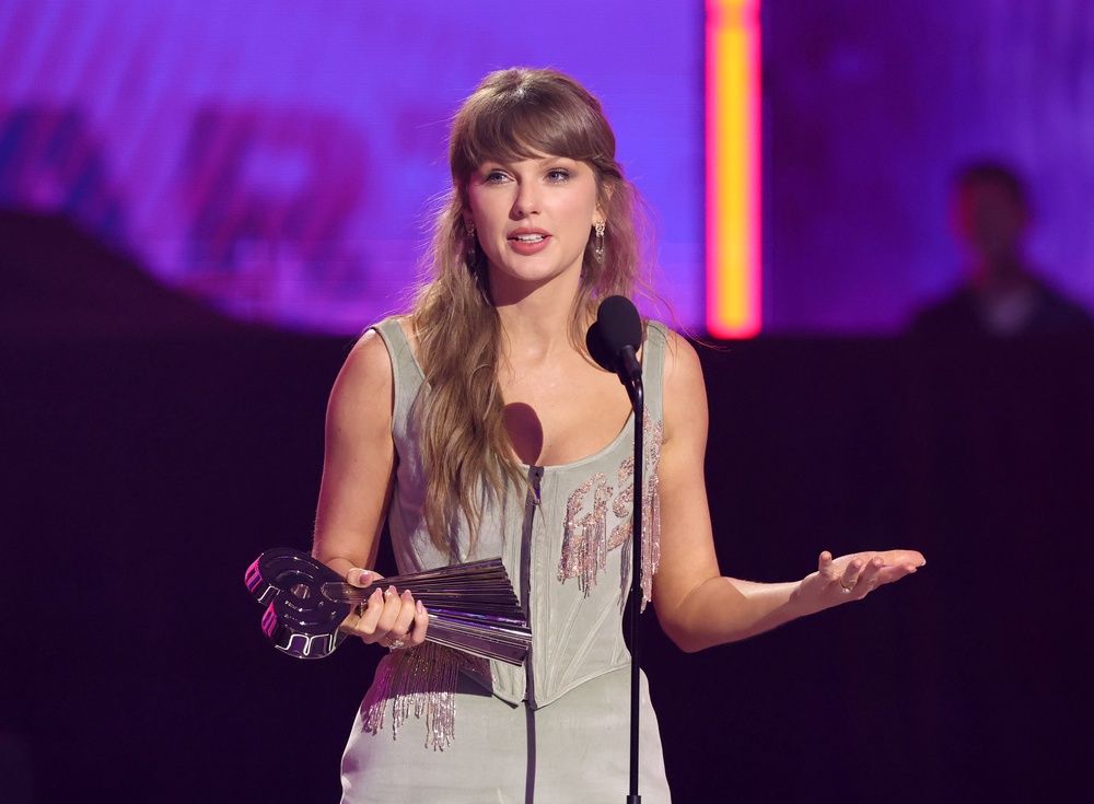 Taylor Swift accepts the Pop Album of the Year award onstage at the 2026 iHeartRadio Music Awards (Getty)