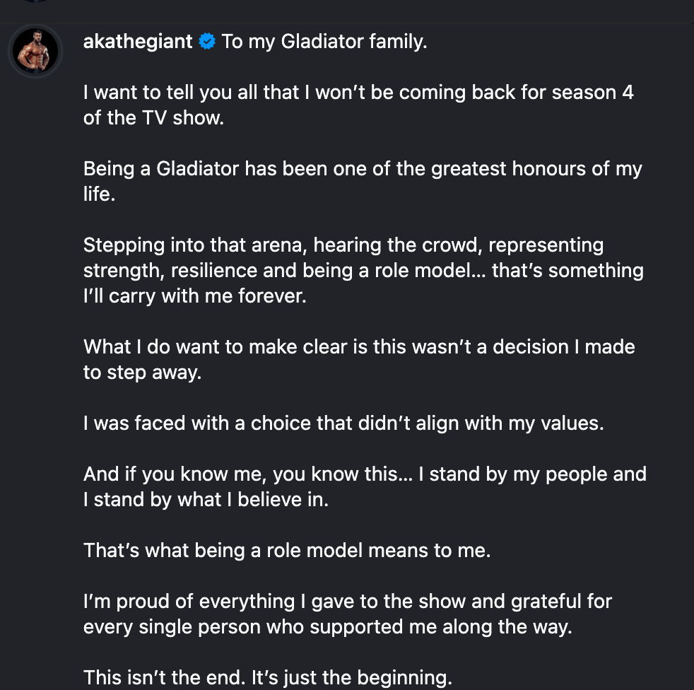 ‘Gladiators’ star Giant has announced he’s leaving BBC show (Instagram)