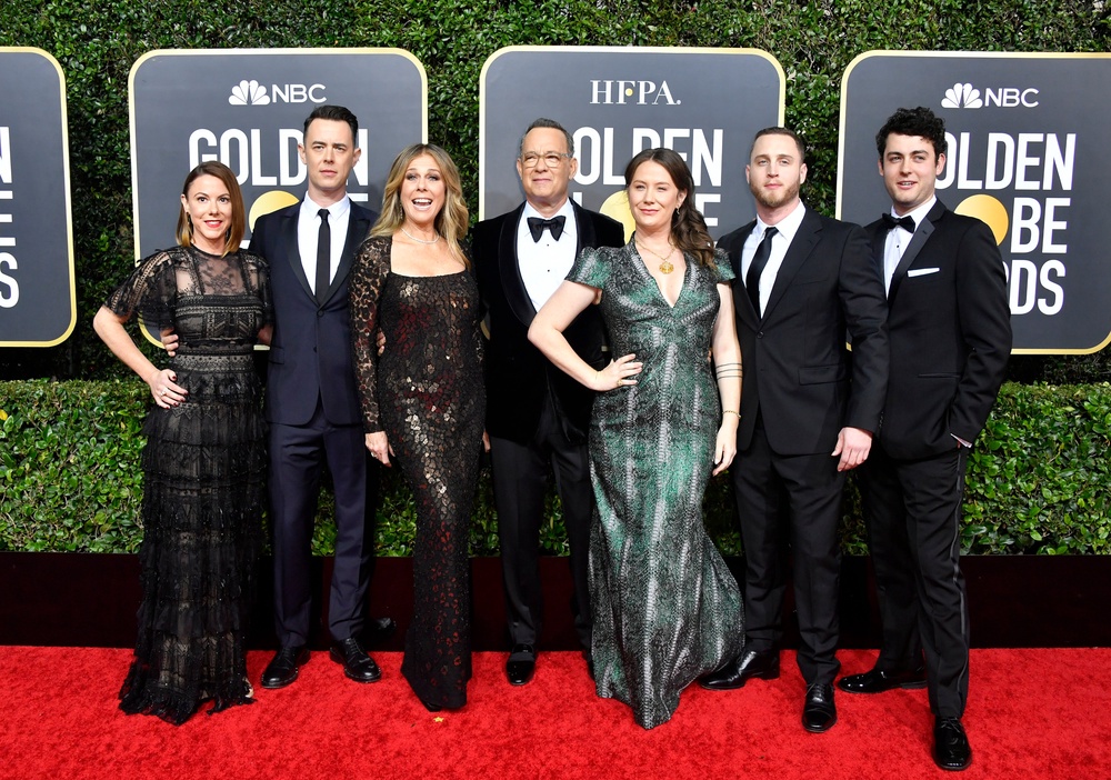 (From left) Samantha Bryant, Colin Hanks, Rita Wilson, Tom Hanks, Elizabeth Ann Hanks, Chet Hanks, and Truman Theodore Hanks at the Golden Globe Awards, 5 January 2020 (Getty)