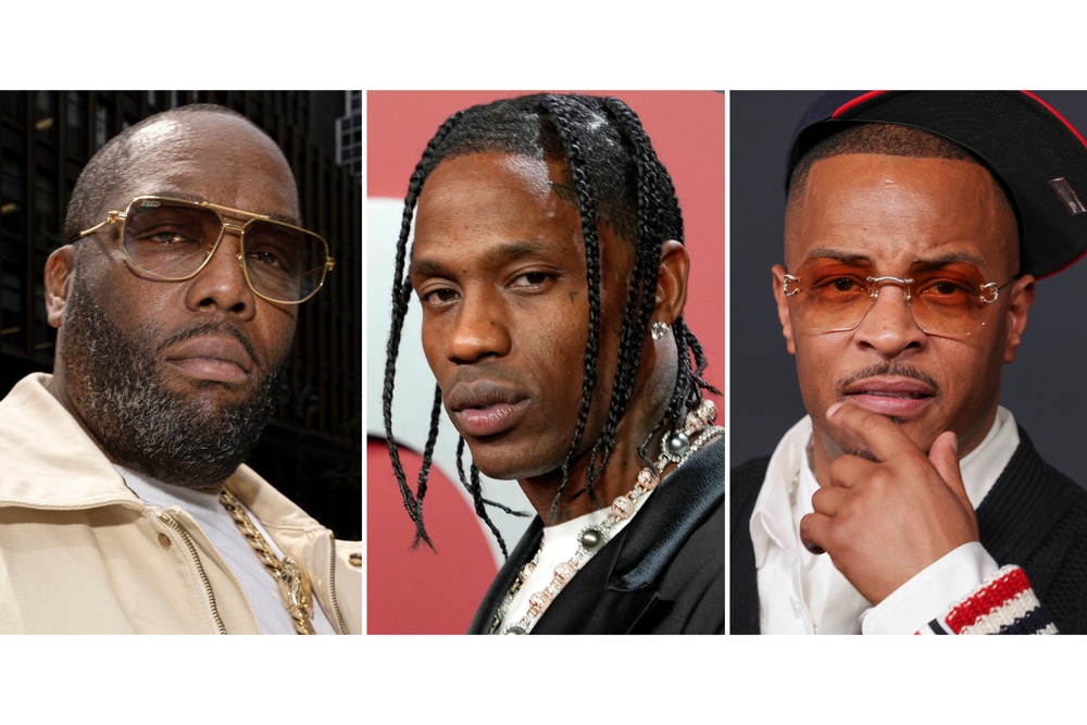 This combination of photos show rappers Killer Mike, from left, Travis Scott and T.I. (AP Photo) (Local Library)