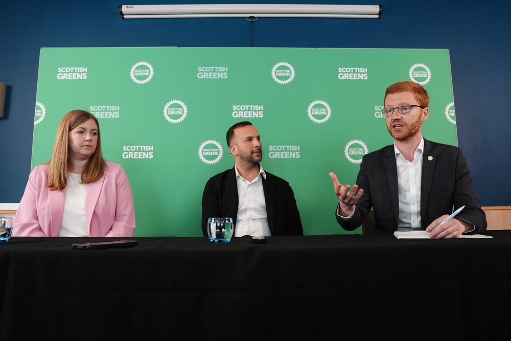 Green Party leader Zack Polanski appeared alongside Scottish Green Party co-leaders Gillian Mackay and Ross Greer (Andrew Milligan/PA) (PA Wire)