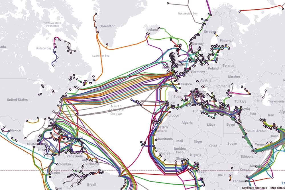 A global map of undersea cable routes shows how densely populated they are in certain routes (TeleGeography)