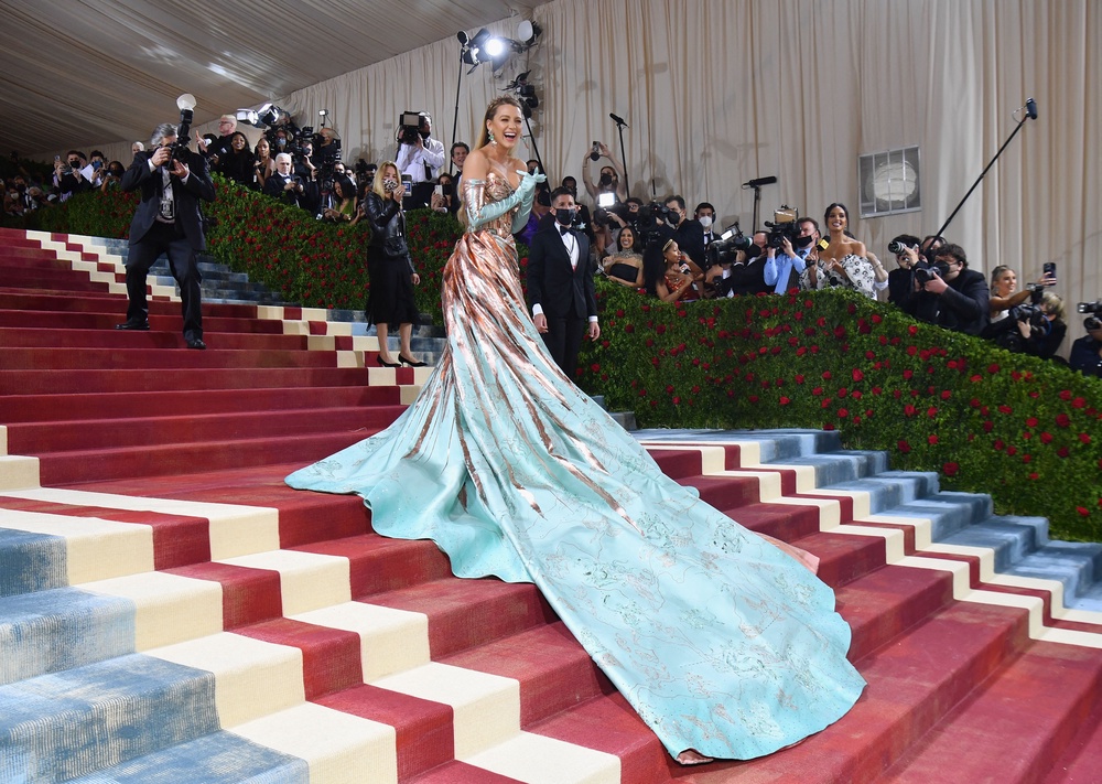 Blake Lively walks the red carpet at the 2022 Met Gala — the first year the carpet was manufactured by Santhosh’s company, Neytt by Extraweave (AFP via Getty Images)