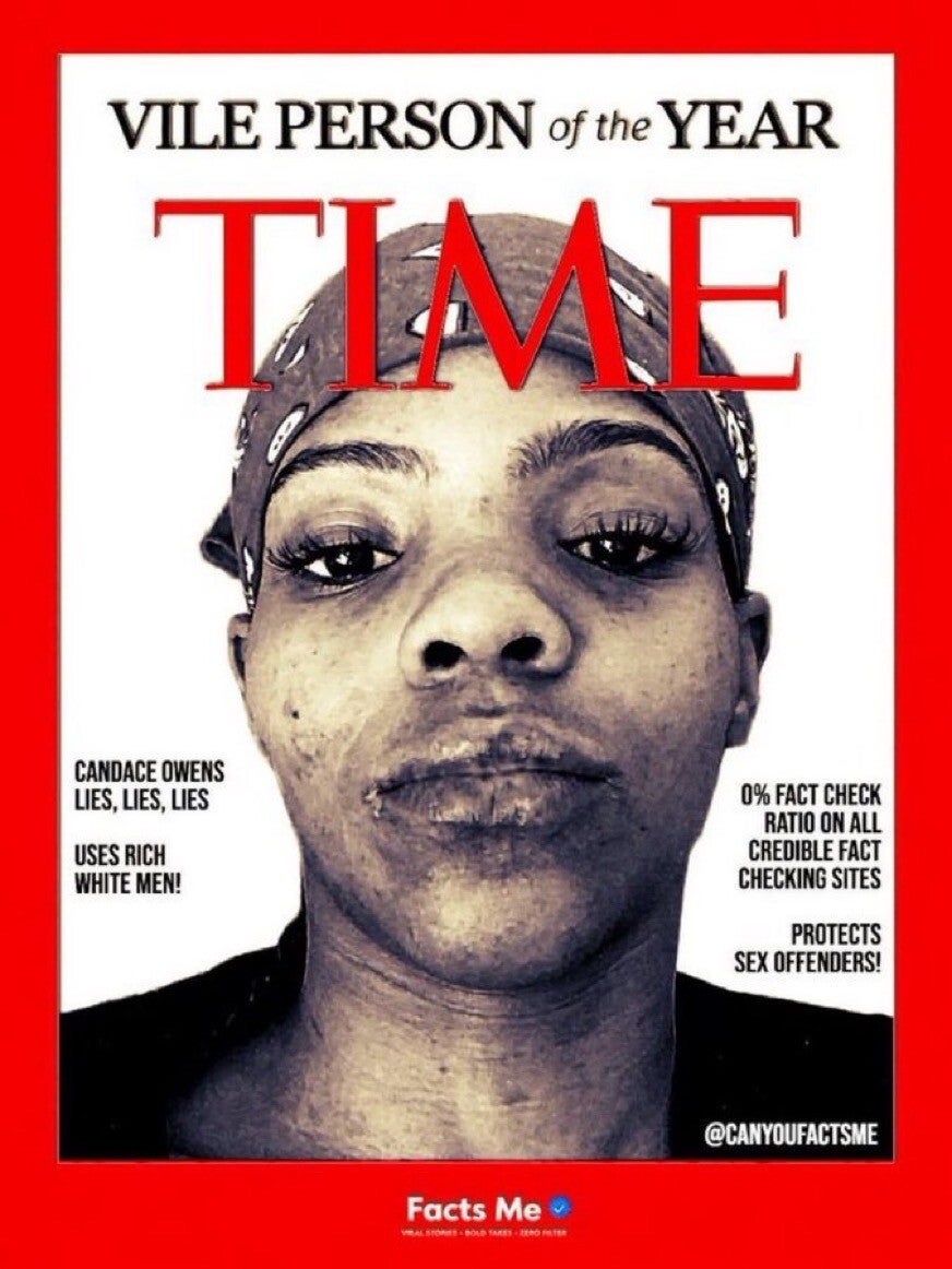 Trump posted a doctored image depicting Owens as Time's 'Vile Person of the Year.’ It included taglines accusing her of ‘using rich white men’ and protecting ‘sex offenders’ (Truth Social)
