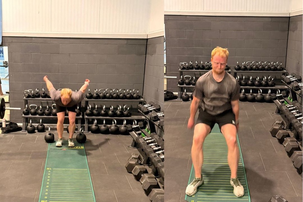 The final assessment was a maximum standing broad jump – my favourite portion of the RAF fitness test (Harry Bullmore/The Independent)