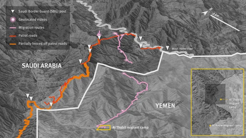 3D model of likely Saudi border guard posts and patrol roads near fences identified with satellite imagery (Human Rights Watch)