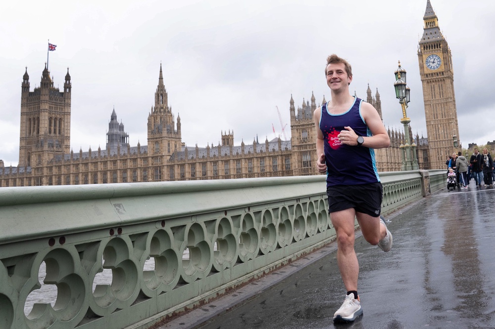 Josh Fenton-Glynn runs across Westminster Bridge during training for the London Marathon (Stefan Rousseau/PA) (PA Wire)