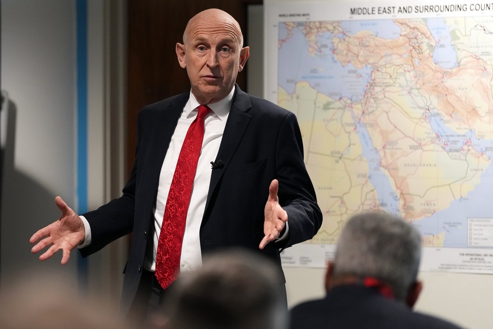 Defence secretary John Healey speaks to military personnel who are gathered at the UK's Permanent Joint Headquarters in Northwood, London (PA)