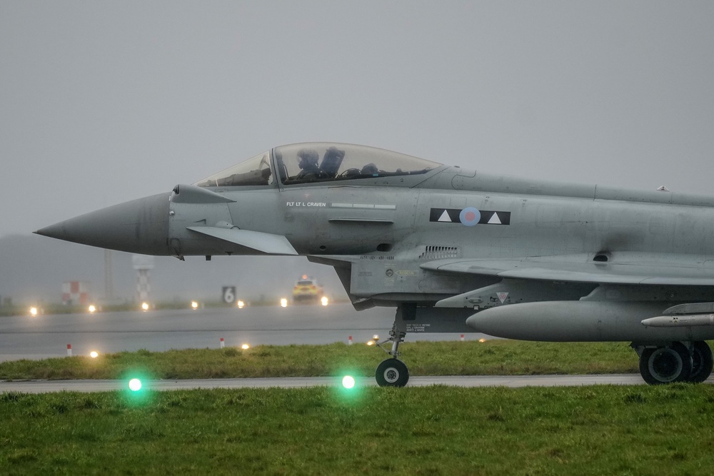 British Eurofigher Typhoon Fighter Aircraft Fly From RAF Coningsby (Getty)