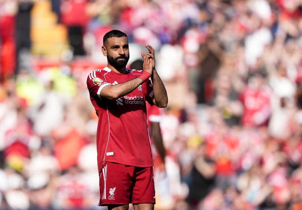 Liverpool’s Mohamed Salah applauds the fans as he is substituted (Peter Byrne/PA) (PA Wire)