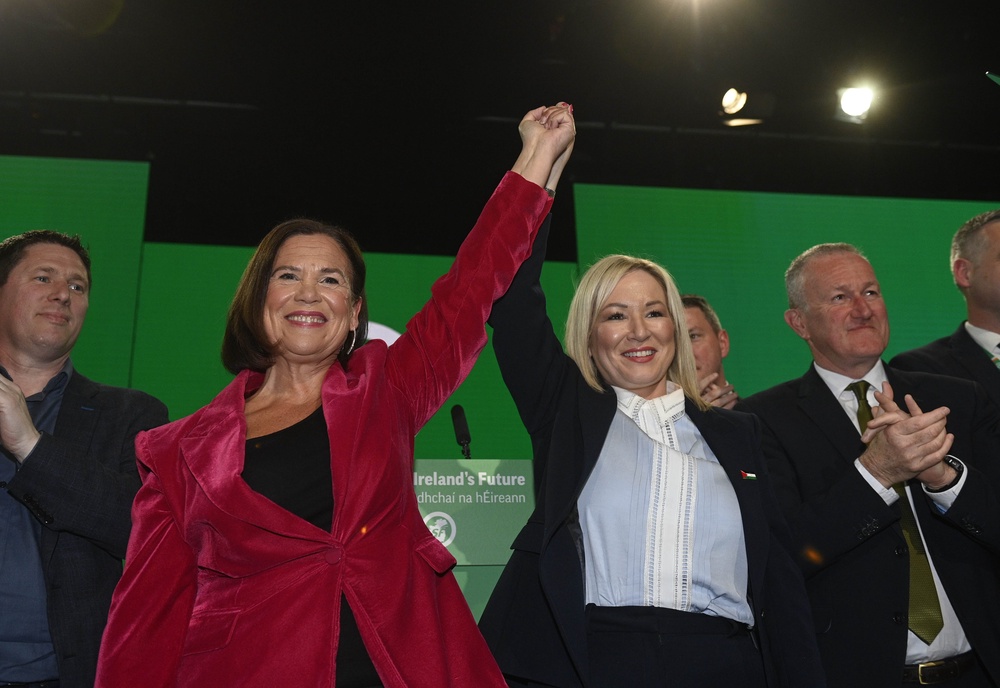 Sinn Fein president Mary Lou McDonald (left) and vice president Michelle O’Neill (centre) during the party’s Ard Fheis (Mark Marlow/PA) (PA Wire)