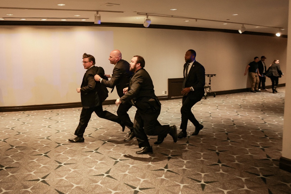 Speaker of the House Mike Johnson was one of the Trump administration members who was rushed out of the White House Correspondents’ Dinner Saturday evening (Reuters)