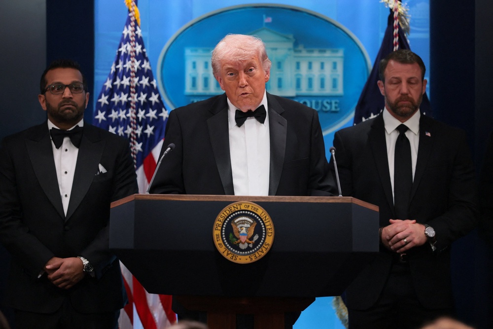 Trump addressed reporters in the White House Briefing Room after the shooting at the Washington Hilton Hotel, praising members of the media and the Secret Service for acting quickly (Reuters)