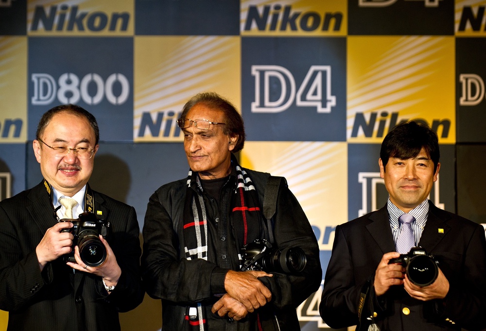 File: Managing Director Nikon India Hiroshi Takashina (L), veteran Indian photographer Raghu Rai (C) and general manager Marketing Nikon Corporation Toru Iwaoka (R) pose wth the newly launched Nikon D4 and D800/D800E DSLR cameras in New Delhi in 2012 (AFP/Getty)