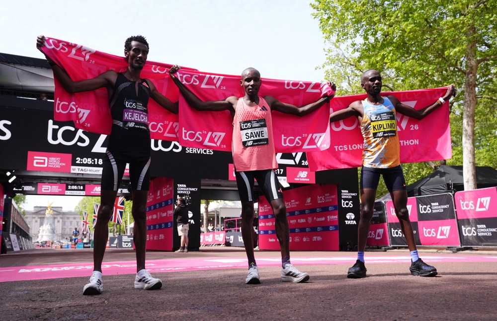 Sabastian Sawe (centre), Yomif Kejelcha (left) and Jacob Kiplimo (right) all ran under the previous world record (PA)