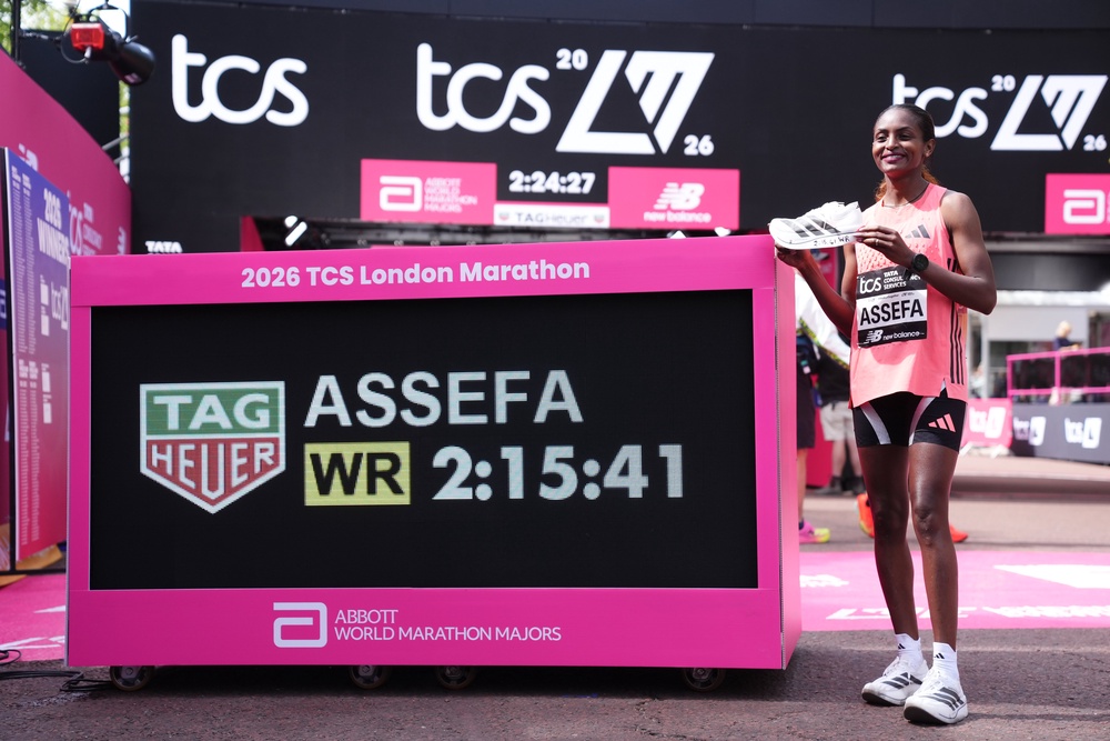 Tigst Assefa celebrates her own world record at the London Marathon (John Walton/PA) (PA Wire)