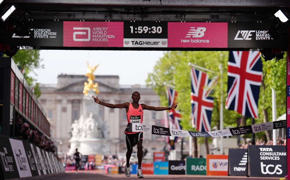Sabastian Sawe winning the men’s elite race in a world-record time (John Walton/PA) (PA Wire)