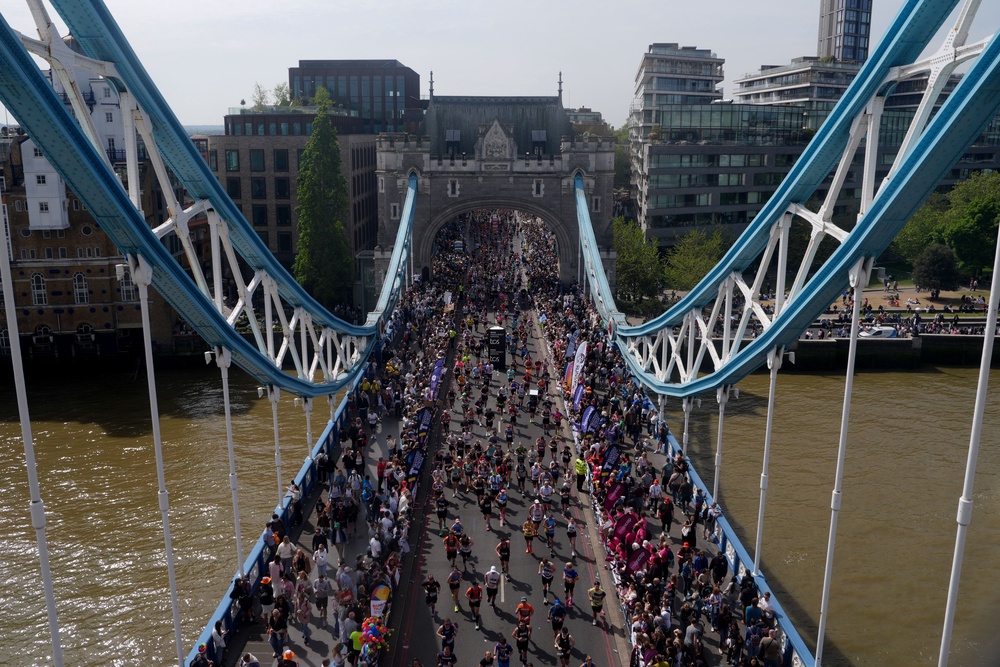 Runners crossing Tower Bridge during the 2026 TCS London Marathon (Jonathan Brady/PA) (PA Wire)