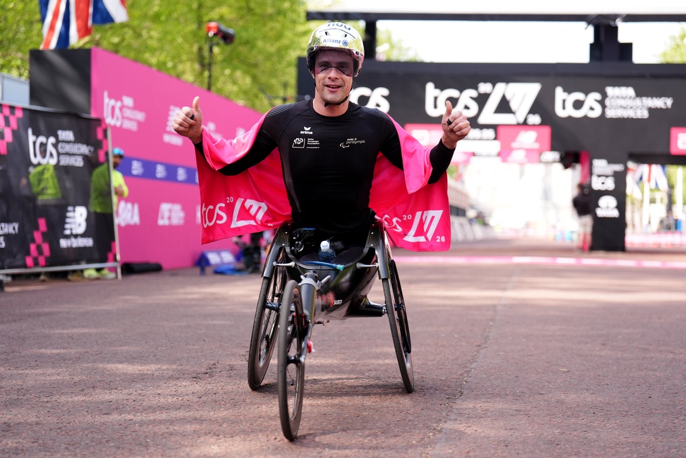 Marcel Hug after crossing the finish line to win the men’s wheelchair race (John Walton/PA) (PA Wire)