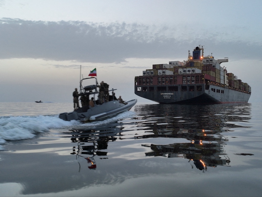 The Epaminondas ship is seen during seizure by the Islamic Revolutionary Guard Corps (IRGC) in the Strait of Hormuz (via REUTERS)