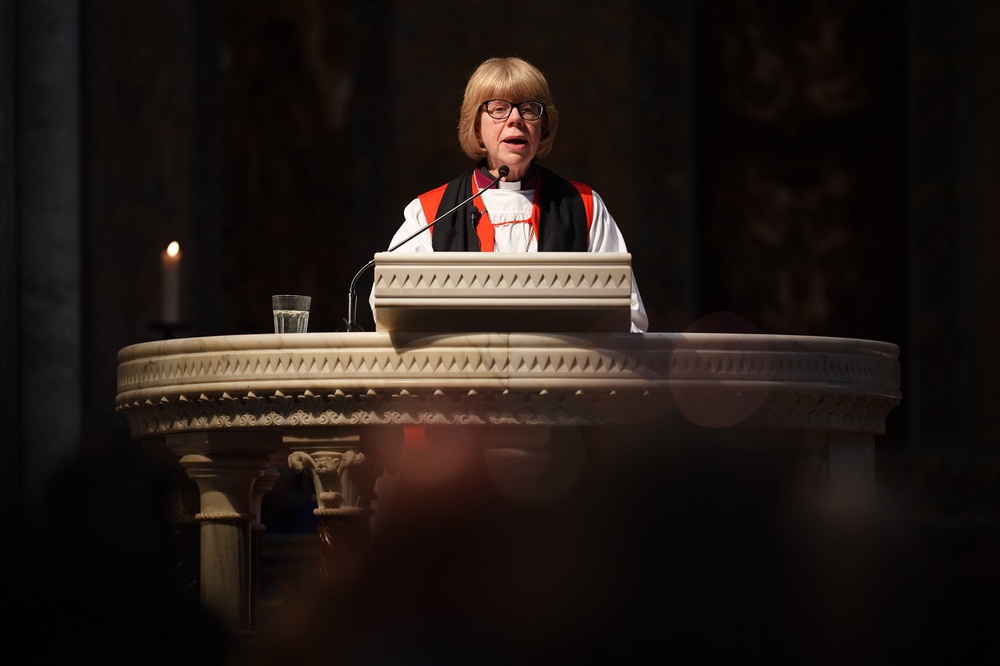 Archbishop of Canterbury Dame Sarah Mullally delivers a sermon at the church of St Paul’s Within the Walls (James Manning/PA) (PA Wire)