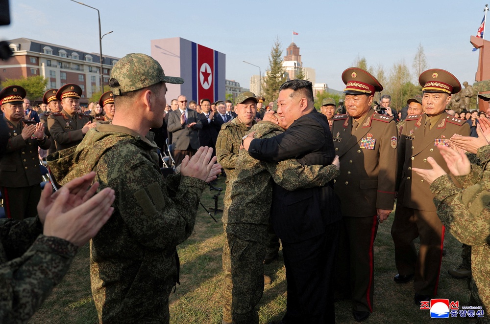 North Korean leader Kim Jong Un greets soldiers during the opening ceremony of the Memorial Museum of Combat Feats at the Overseas Military Operations honouring North Korean troops killed while fighting for Russia in the war against Ukraine, in Pyongyang (Reuters)