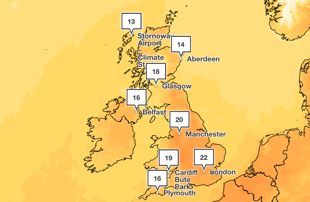 The warmest weather will be felt on Thursday and Friday (Met Office)
