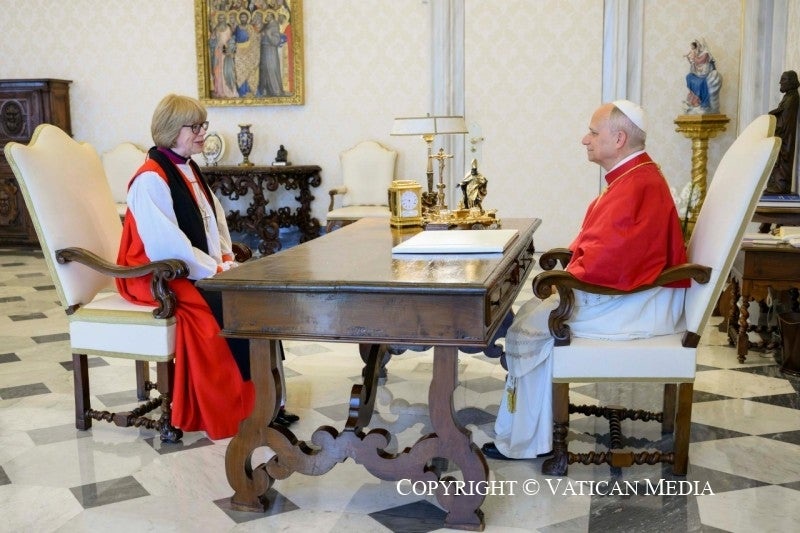 Pope Leo welcomed the Archbishop of Canterbury Dame Sarah Mullally to the Vatican (Vatican Media/PA) (PA Media)