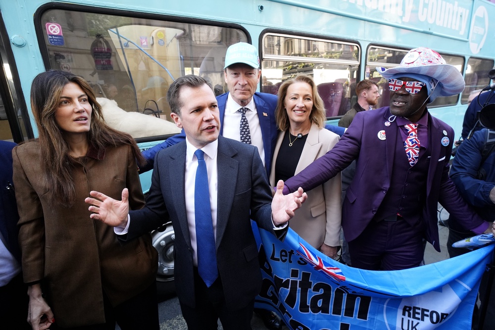 Reform UK Treasury spokesman Robert Jenrick (centre left) with deputy leader Richard Tice (centre) and London mayoral candidate Laila Cunningham during the protest in Whitehall (Jordan Pettitt/PA) (PA Wire)