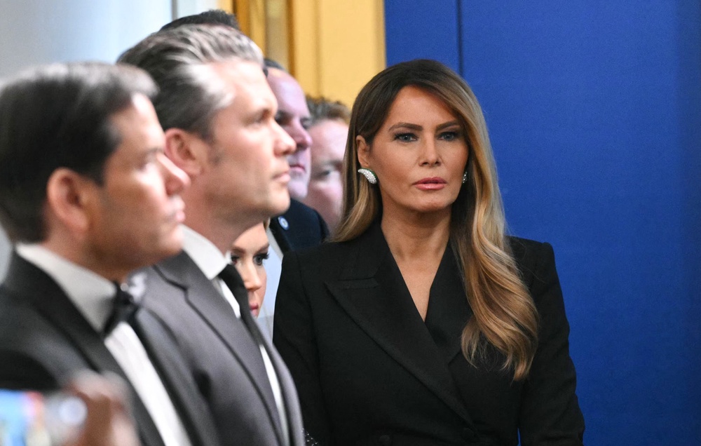 First Lady Melania Trump appearing in the White House Briefing Room after the attempted shooting at the White House Correspondents’ Dinner (AFP/Getty)