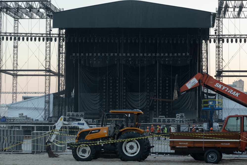 The area around the stage set up could be seen roped off with caution tape following the death of the construction worker (AFP/Getty)