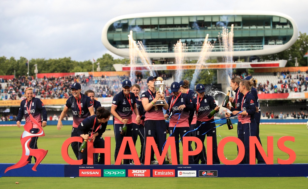 England’s Heather Knight celebrates with the trophy during the ICC Women’s World Cup Final at Lord’s (PA) (PA Archive)