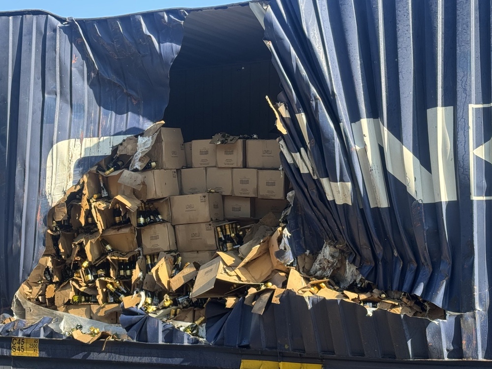 The damaged lorry which had been carrying 20 tonnes of prosecco (Thames Valley Police/PA) (PA Media)