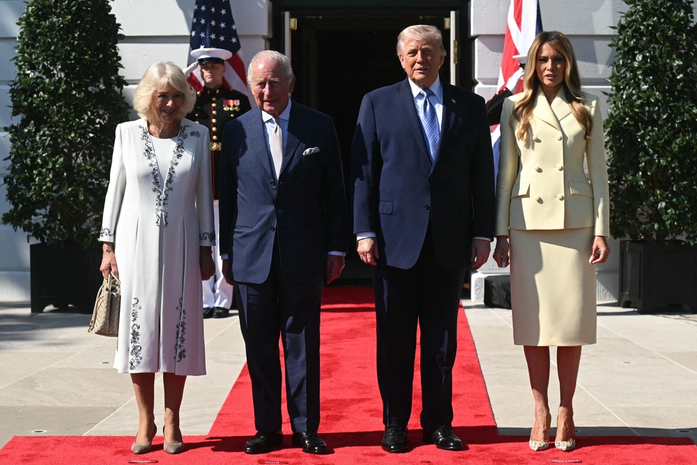 King Charles and Queen Camilla were greeted by US President Donald Trump and first lady Melania Trump Monday afternoon Eastern Time (AFP/Getty)