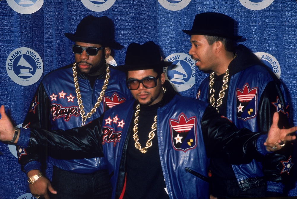 American rap group Run DMC pose at the Grammy Awards, 1980s. (L-R): Jam Master Jay (Jason Mizell), Joe 'Run' Simmons and Darryl 'DMC' McDaniels. ((Photo by Hulton Archive/Getty Images))