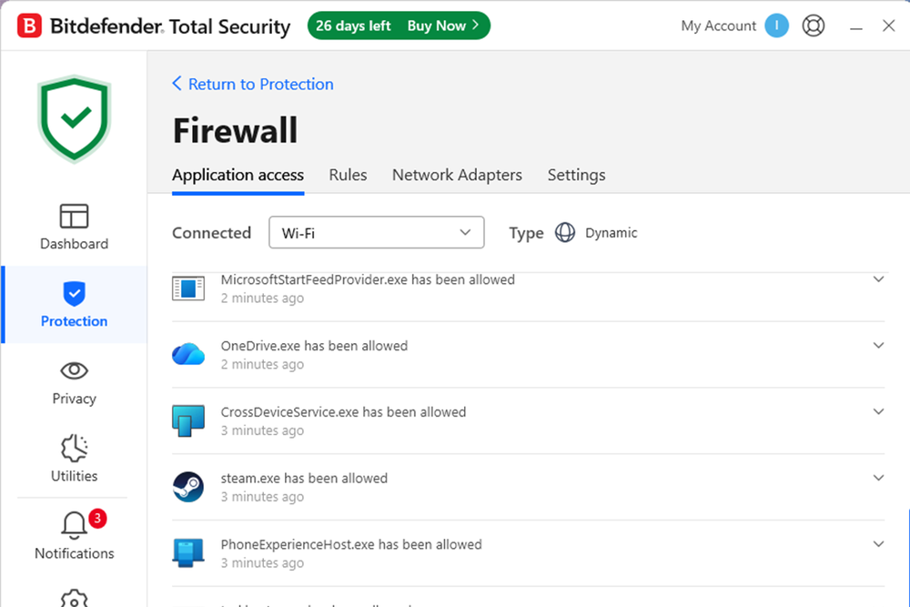 The Protection tab includes settings for antivirus, online threat defence and the firewall (Bitdefender)