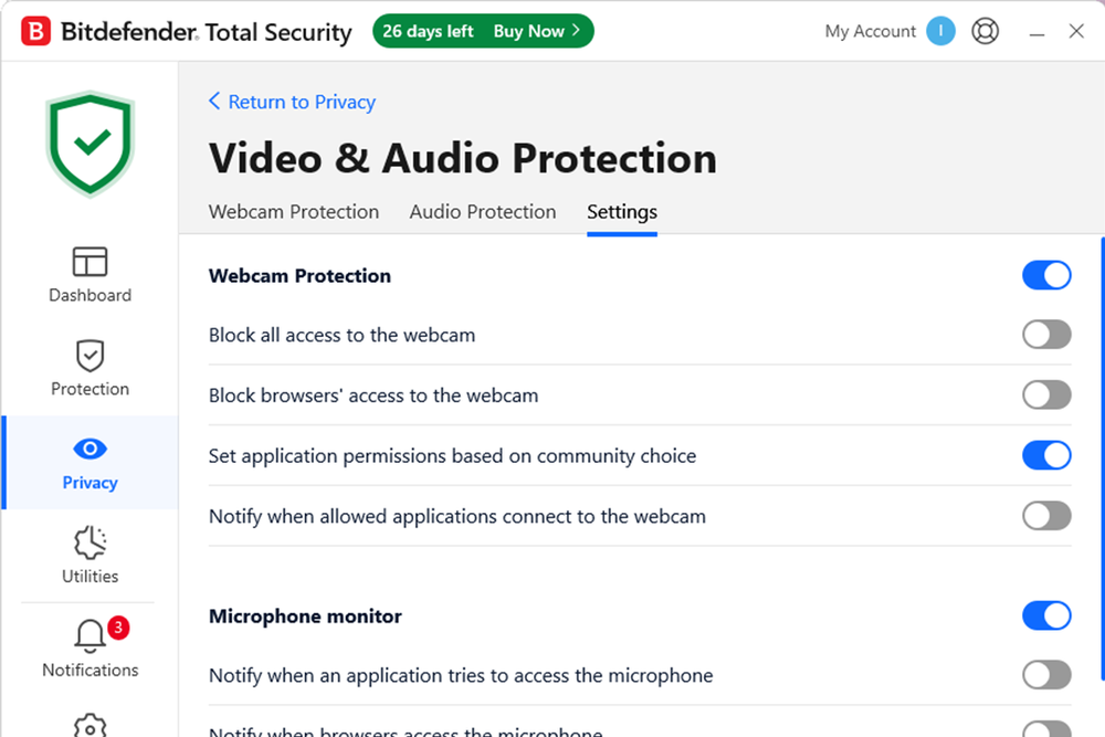 Video and audio protection pevents malware from hijacking your computer’s webcam and microphone (Bitefender)