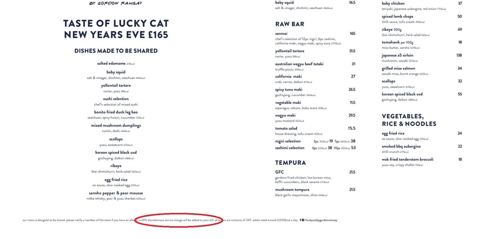 The New Year’s Day menu at Lucky Cat with the 20 per cent discretionary service charge (Lucky Cat)