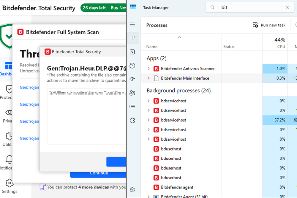 I tested during web browsing,  office work and downloading files (Bitdefender)