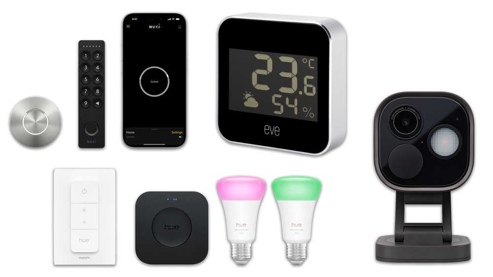 Compatible HomeKit devices include door locks, thermostats, lights and security cameras (Apple/Nuki/Eve/Signify/Aqara)