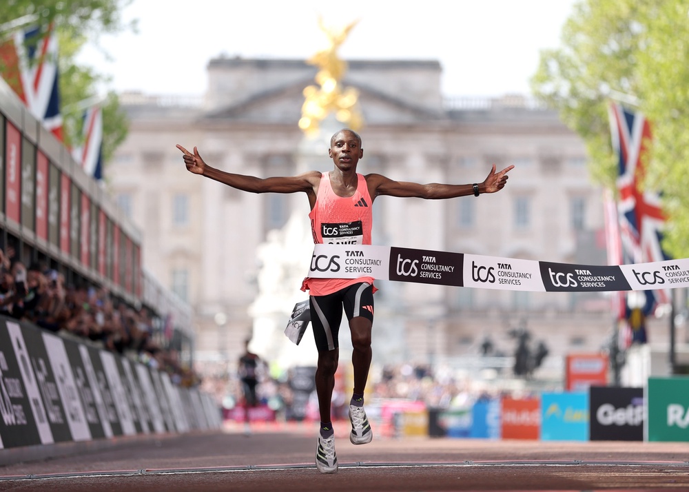 Sabastian Sawe crossing the London Marathon finish line (Adidas/Getty)