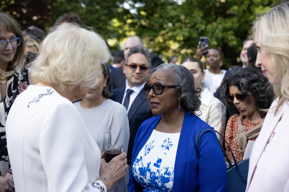 Queen Camilla chatting to senior figures from domestic abuse charities during the garden party (Ian Vogler/Daily Mirror) (PA Wire)