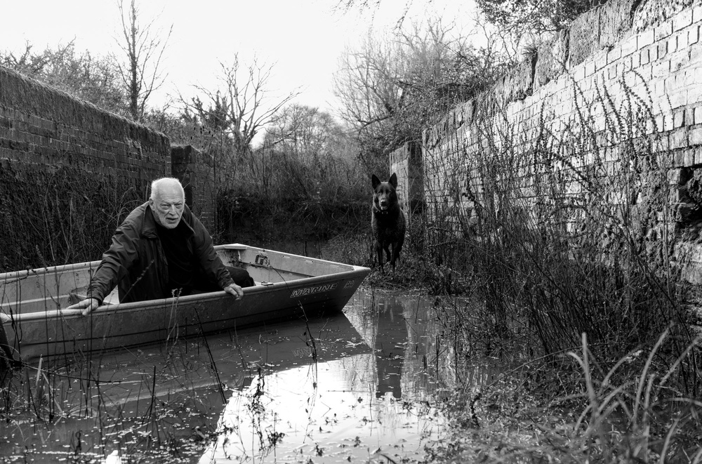 Gilmour from a boat with his dog Wesley, on guard duty (Polly Samson)