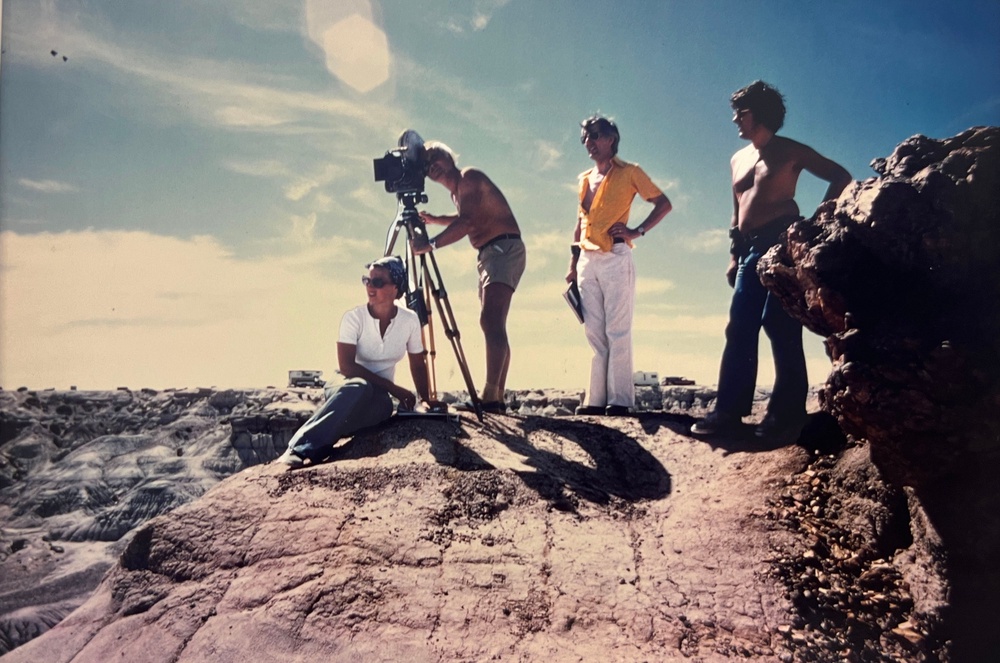 Pam Jackson, Maurice Fisher, Chris Parsons, Paul Morris filming in Petrified Forest, 1977, (PA)