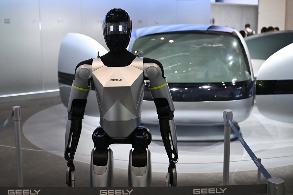 File: A Geely humanoid prototype is displayed at the Beijing Auto Show in Beijing on 26 April 2026 (AFP/Getty)