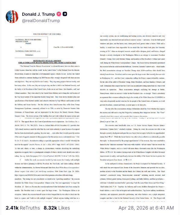 This Truth Social post includes the legal document that appears to have been authored by Trump himself (Truth Social)
