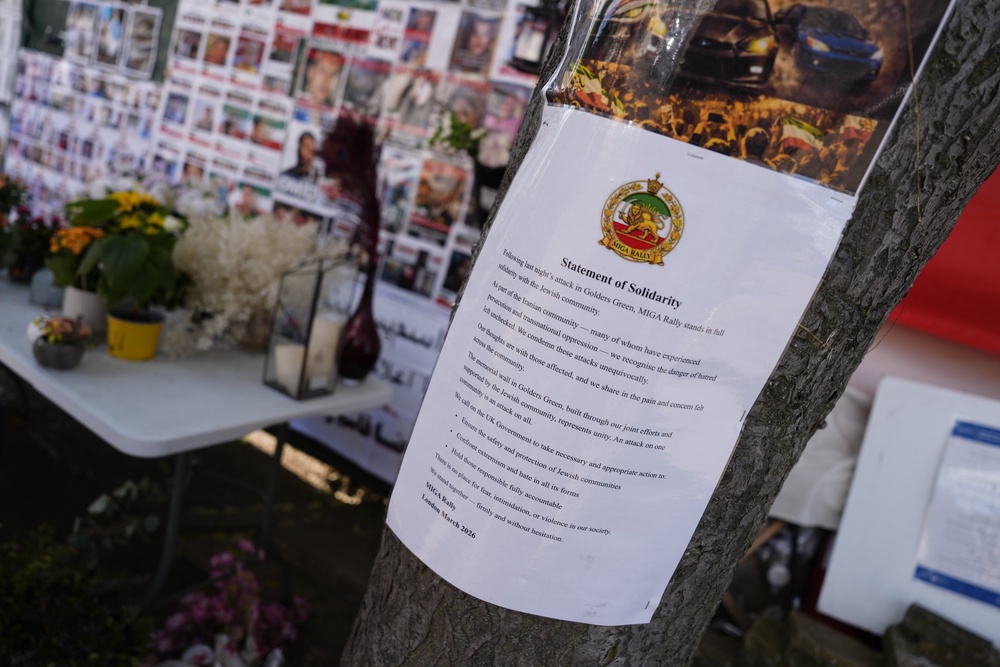 A statement from MIGA Rally of solidarity with the Jewish community is pinned to a post near the memorial wall on Limes Avenue (Jordan Pettitt/PA) (PA Wire)